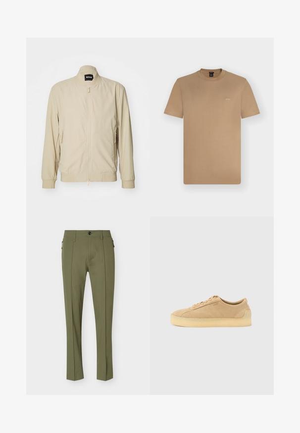 Beige bomberjakke med lynlås foran, ståkrave og sidelommer. Fremstillet af et glat, let stof med elastiske manchetter og bund.; Kortærmet T-shirt med rund hals i tan med lille hvid "BOSS"-logo på venstre bryst, vist på en ensfarvet lys baggrund.; Skræddersyede olivengrønne bukser med forreste pressefolder, knaplukning, bæltestropper og lynlåslommer i siden.; Beige ruskind lavtop-sneaker med tyk gummsål, snørebånd foran og diskret branding på siden på en ensartet lys grå baggrund.
