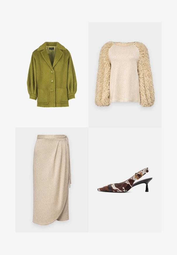 Grøn uldblandingsjakke med en struktureret overflade, udskåret krave, tre knapper, to forlommer og rynkede ærmer.; Beige bluse med lange, fluffy ærmer; glat, skinnende kropstekstil; raglanærmedesign; blød tekstur; afslappet pasform; minimalistsk stil.; Beige indpakningsskørt lavet af blødt, tekstureret stof med en subtil glans. Har en knyttet talje og draperet design med en kant, der buer blidt.; Slingback kitten heel-sko med brun og hvid ko-print, spids tå, sort rem foran og gulddetalje med spænde på ankelrem.