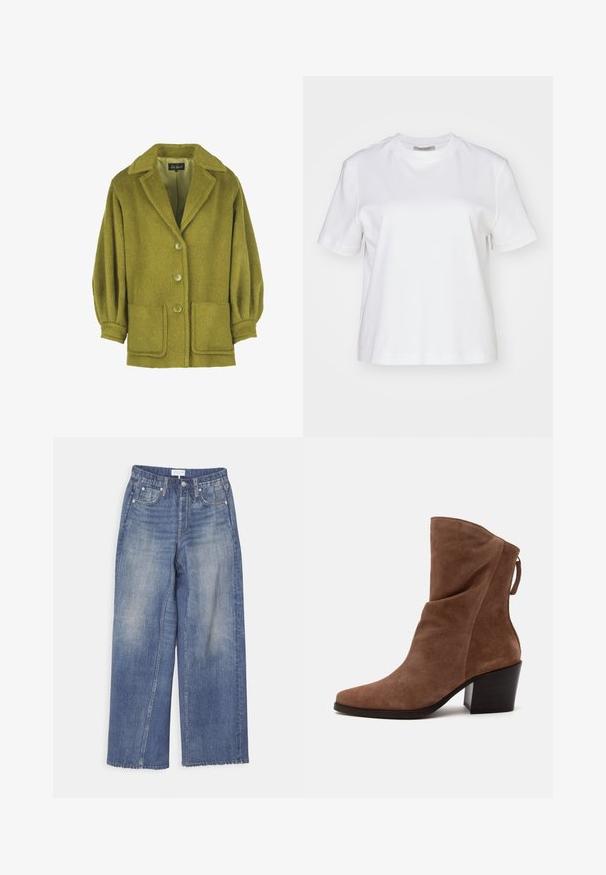 Groene wollen blend jas met een gestructureerde afwerking, met een notch-kraag, drie knopen, twee voorzakken en gathered mouwen.; AllSaints LISA TEE - T-shirt basic - white; Wijde blauwe denim jeans met een vervaagde afwerking, knoopsluiting, riemlussen en twee frontzakken. Het rafelige zoomdetails zorgt voor textuur.; Bruine suède midkuitlaars met een gevouwen ontwerp en zwarte blokhak, zijaanzicht op een effen achtergrond.