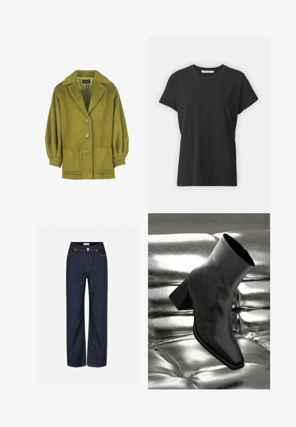 Grøn uldblandingsjakke med en struktureret overflade, udskåret krave, tre knapper, to forlommer og rynkede ærmer.; Sort bomulds t-shirt med klassisk rund hals, korte ærmer og afslappet pasform. Glat tekstur, ingen synlige mønstre eller detaljer.; Mørkeblå vide jeans lavet af denim, med store lommer, kontrasterende orange stikninger og en knaplukning i taljen.; Sorte ankelstøvler lavet af glossy materiale med firkantet tå og spidse hæle, sat mod en skinnende sølv tuftet baggrund.