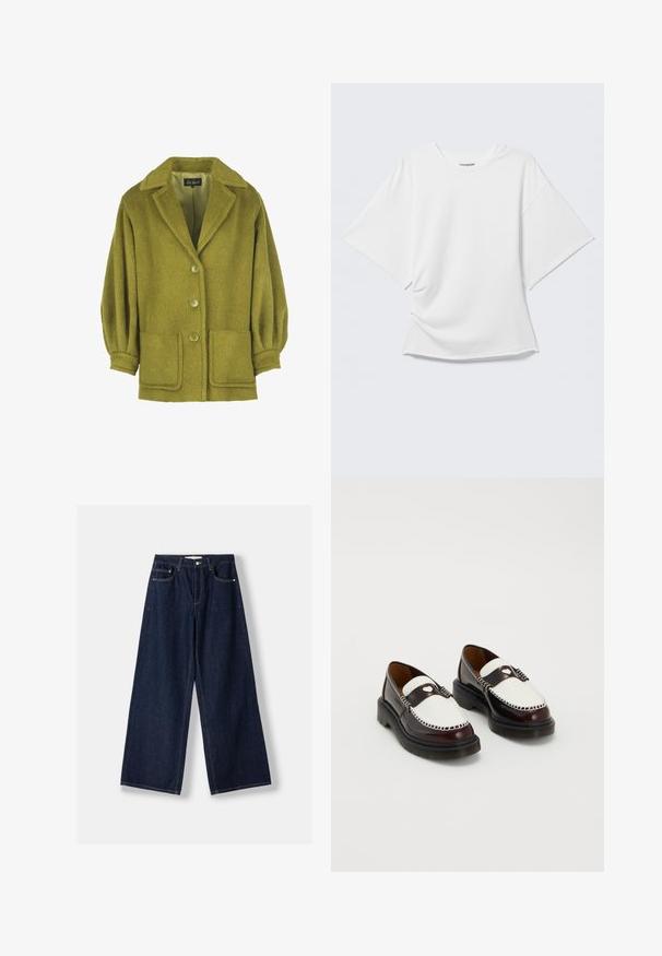 Grüne Wollmischjacke mit strukturierter Oberfläche, Reverskragen, drei Knöpfen, zwei Fronttaschen und gerafften Ärmeln.; Weißes kurzärmeliges Oversized T-Shirt mit Rundhalsausschnitt, dargestellt vor hellem grauem Hintergrund.; Dunkelblaue Jeans mit weitem Bein, vorderer Knopf- und Reißverschluss, vorderen Taschen und Gürtelschlaufen, flach auf weißem Hintergrund ausgelegt.; Ein Paar zweifarbige braune und weiße Ledermokassins mit Steppnähten und schwarzen, klobigen Sohlen auf einem schlichten Hintergrund.