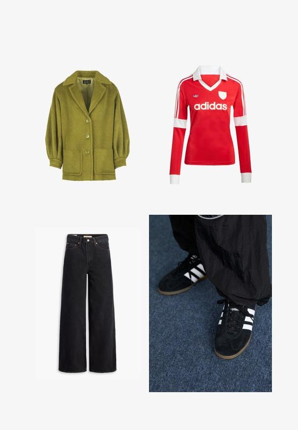 Grüne Wollmischjacke mit strukturierter Oberfläche, Reverskragen, drei Knöpfen, zwei Fronttaschen und gerafften Ärmeln.; Rotes Fußballtrikot mit langen Ärmeln, weißem Kragen und weißen Ärmelbündchen. Es hat drei weiße Streifen auf den Schultern und das "adidas"-Logo ist auffällig platziert.; Schwarze weite Jeans aus Denim mit fünf Taschen, Kupferrivets und einem klassischen Knopfverschluss. Glatte Textur mit einem klaren Design.; Schwarze Wildleder-Sportschuhe mit drei weißen Streifen und schwarzen Schnürsenkeln. Eine strukturierte schwarze Hose ist teilweise neben den Schuhen sichtbar.