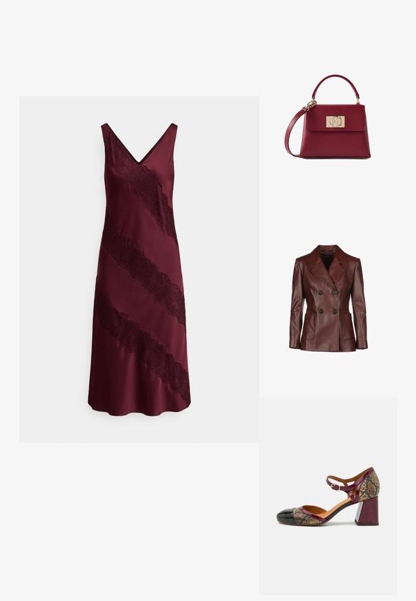 Dunkelroter, doppelt geknöpfter Lederjacke mit Reverskragen, zwei frontalen Taschen und schwarzen Knöpfen; glatte Textur und taillierte Passform.; Burgunderrotes Satinkleid mit V-Ausschnitt, das diagonale Spitzenakzente auf der Vorderseite und eine fließende Silhouette aufweist. Glatte Textur und elegantes Design.; Absatzschuh mit einer schwarzen Lackleder-Spitze, burgunderfarbenem Riemen und einem Obermaterial aus schlangenartig gemustertem Stoff; verfügt über einen klobigen Blockabsatz.; Bordeauxrote Lederhandtasche mit gebogenem oberen Griff, abnehmbarem Riemen und rechteckiger goldener Schnalle auf der Vorderklappe.