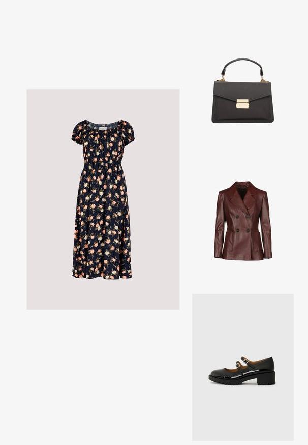 Dunkelroter, doppelt geknöpfter Lederjacke mit Reverskragen, zwei frontalen Taschen und schwarzen Knöpfen; glatte Textur und taillierte Passform.; Apricot VINTAGE ROSE - Freizeitkleid - navy; Schwarze Lackleder-Mary-Jane-Schuhe mit zwei verstellbaren Riemen, runder Spitze und klobigem Gummihighheel mit einem strukturierten Profil.; Graue Lederhandtasche mit strukturiertem Design, ausgestattet mit einem Handgriff oben, goldenen Beschlägen und einem Klappenverschluss mit einem rechteckigen Verschluss.