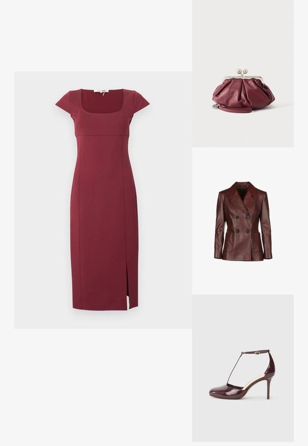 Dunkelroter, doppelt geknöpfter Lederjacke mit Reverskragen, zwei frontalen Taschen und schwarzen Knöpfen; glatte Textur und taillierte Passform.; Dunkelrotes Midikleid mit Kappenärmeln, quadratischem Ausschnitt, figurbetonter Silhouette und vorne links geschlitztem Saum.; Bordeauxroter Lackleder-High-Heel mit spitz zulaufender Schuhspitze, Knöchelriemen mit Schnalle und T-Riemen-Detail vor neutralem Hintergrund.; Kleine bordeauxrote Leder-Clutch mit silbernem Metallverschluss und Handgelenksriemen auf weißem Hintergrund.