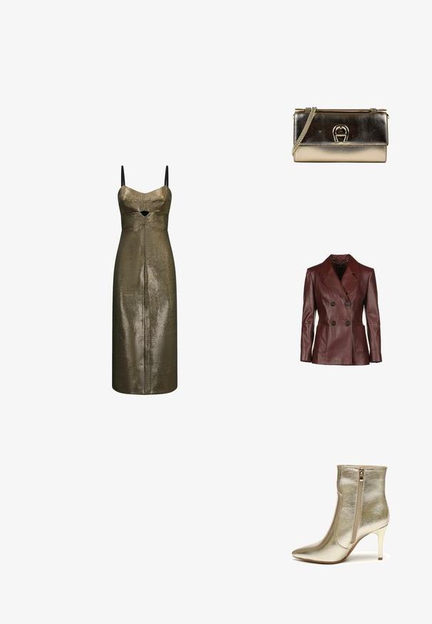 Dunkelroter, doppelt geknöpfter Lederjacke mit Reverskragen, zwei frontalen Taschen und schwarzen Knöpfen; glatte Textur und taillierte Passform.; Metallic bronze Midi-Kleid mit dünnen schwarzen Trägern und kleinem Ausschnitt vorne unter der Brust aus strukturiertem Stoff.; Glänzender goldener Stiefelette mit spitzer Spitze, seitlichem Reißverschluss und schlankem hohen Absatz, im Profil vor weißem Hintergrund gezeigt.; Glänzende metallische goldfarbene rechteckige Clutch mit Klappe, goldener Kettenriemen und goldener dekorativer Verschluss auf weißem Hintergrund.