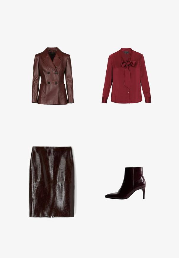 Dunkelroter, doppelt geknöpfter Lederjacke mit Reverskragen, zwei frontalen Taschen und schwarzen Knöpfen; glatte Textur und taillierte Passform.; Burgunderfarbene Seidenbluse mit langen Ärmeln, Knopfverschluss und einer Schleifen-Detail am Ausschnitt. Glatte Textur, klassisches Design und taillierte Passform.; Glänzender dunkelbrauner Leder-Bleistiftrock mit knielangem Schnitt und kleinem Schlitz am Saum hinten.; Burgunderfarbene Lackleder-Ankle-Boots mit spitzer Zehenpartie, schlanker Silhouette, 8 cm hohen Stiletto-Absätzen und minimalistischem Design. Glänzende Oberfläche.