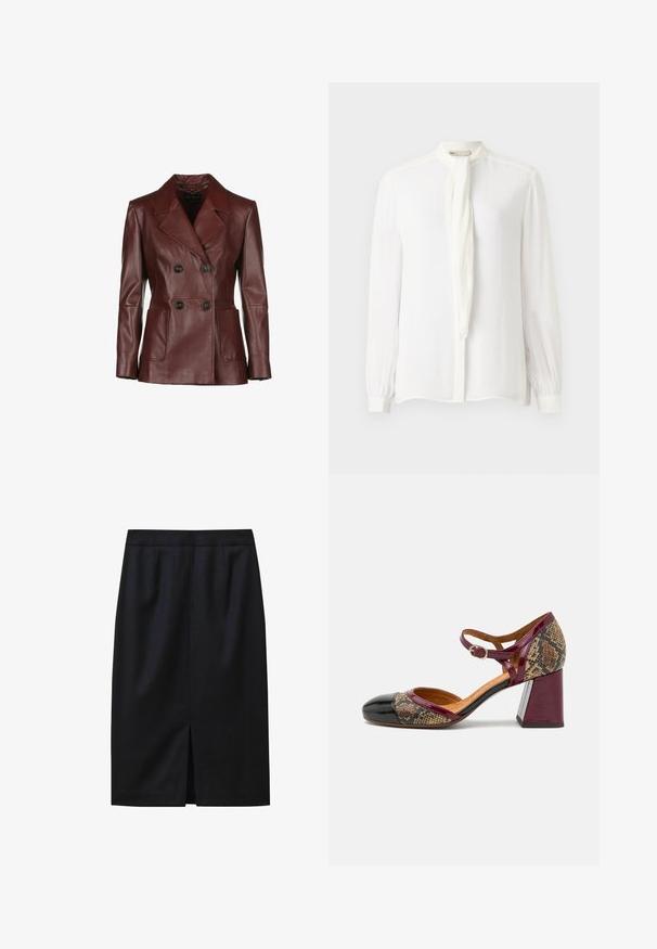 Dubbelgeknoopt kastanjebruin leren jasje met een notch-kraag, twee voorkruiden, en zwarte knopen; gladde textuur en getailleerde pasvorm.; Witte blouse met lange mouwen, hoge kraag en een dunne strik. Gemaakt van stevige stof met gegatherde manchetten en een knoopsluiting aan de voorkant.; Zwarte kokerrok tot de knie met een gestructureerd patroon, aansluitende tailleband en een middeninsnijding aan de zoom. Glad stoffen afwerking.; Hakken schoenen met een zwarte lakleren neus, bordeauxrode band en een slangenpatroon textiel bovenkant; voorzien van een chunky blokhak.