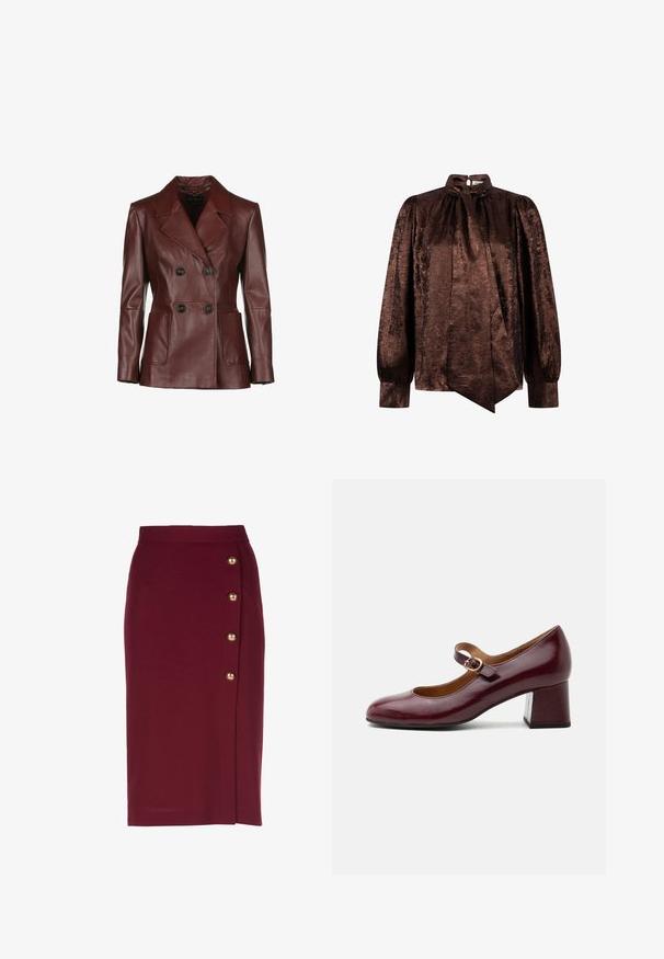 Dubbelgeknoopt kastanjebruin leren jasje met een notch-kraag, twee voorkruiden, en zwarte knopen; gladde textuur en getailleerde pasvorm.; Bruin fluwelen blouse met lange mouwen, hoge hals met strikdetail en geschouderde manchetten.; Bordeaux pencilrok van rekbare stof met een rechte silhouet, voorzien van gouden knoopaccenten langs de zijnaad.; Bordeaux lakleren Mary Jane-schoen met een ronde neus, verstelbare band en een forse blokhak van gemiddelde hoogte.