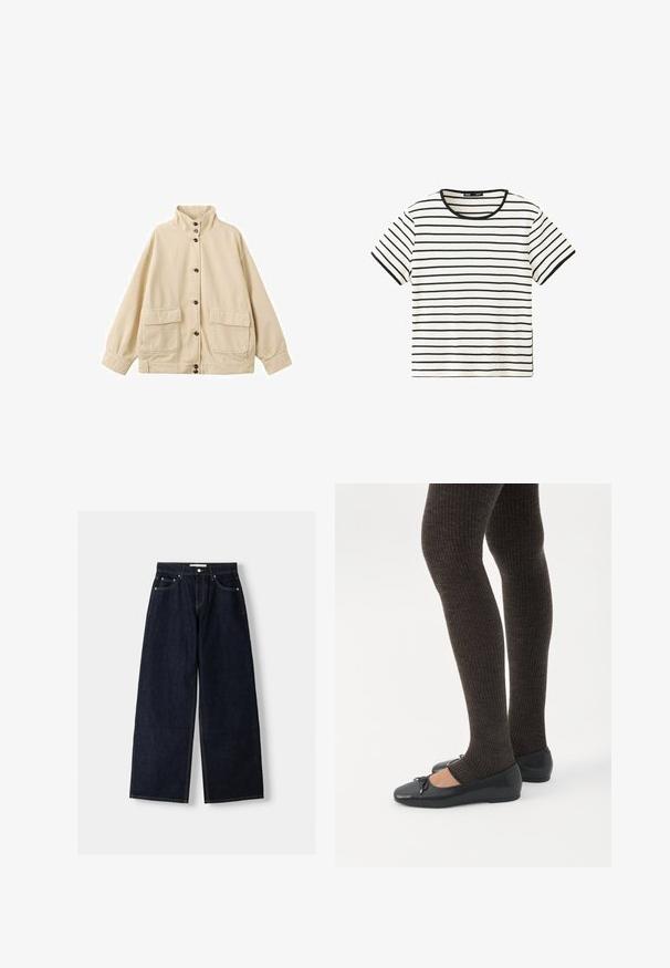 Veste beige à boutons avec col montant, manches longues et deux grandes poches devant à rabat.; Chemise blanche à manches courtes avec fines rayures noires horizontales et un col rond noir.; Jean large en denim bleu foncé à taille haute, avec cinq poches, des coutures contrastées et des éléments en métal argenté. Texture lisse et finition soignée.; Jambes portant des leggings côtelés foncés associés à des ballerines noires avec de petits détails en nœud sur fond blanc.