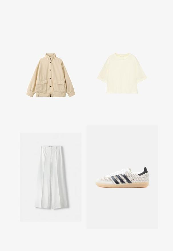 Veste beige à boutons avec col montant, manches longues et deux grandes poches devant à rabat.; T-shirt crème à manches courtes oversize avec col rond et coupe décontractée, affiché sur fond blanc.; Pantalons amples blancs avec une taille haute, un pli central et une fermeture à bouton classique. Fabriqués dans un tissu lisse avec un design ajusté.; Baskets en maille blanche avec un design à trois bandes noires, bout arrondi et semelle en caoutchouc gomme. Dotées d'un col de talon souple et d'une fermeture à lacets.