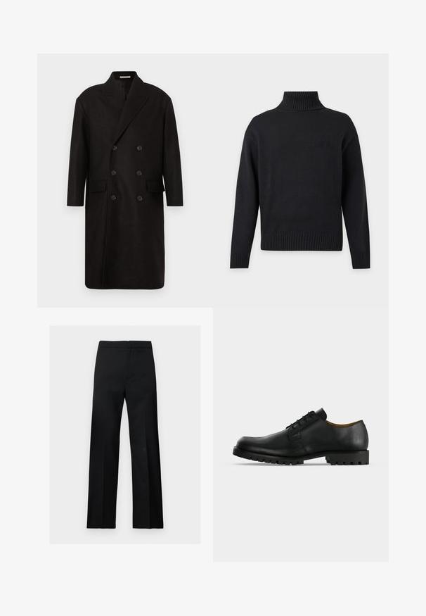 Manteau double boutonnage en laine noire avec larges revers crantés, deux poches avant et six boutons ronds noirs. Texture lisse, coupe mi-longue.; Pull noir à col roulé tricoté à manches longues avec poignets, col et ourlet côtelés, présenté sur un fond clair uni.; Pantalon formel noir à jambes droites, taille haute, au design épuré et minimaliste, présenté sur un fond clair uni.; Chaussure de ville noire en cuir à lacets avec une semelle épaisse et rainurée et un petit talon, présentée sur fond blanc.