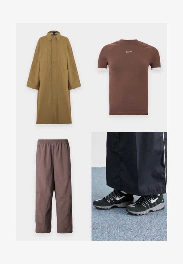 Trench-coat long beige avec col, manches longues, boutons cachés sur le devant et deux poches latérales, présenté sur un cintre.; Chemise brun à manches courtes en tissu lisse avec un col montant et des accents blancs aux poignets des manches, avec un petit logo sur la poitrine.; Pantalon marron léger avec taille élastique, longueur raccourcie et poignets à boutons. Texture lisse avec des détails de design minimalistes.; Des chaussures de sport noires avec un dessus texturé, des accents argentés et une semelle extérieure à motifs, associées à un long vêtement noir. Présentées sur un tapis bleu.