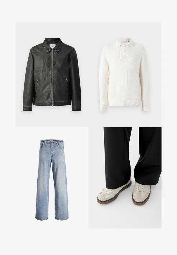 Chaqueta de cuero negra con una textura suave, cuello a presión, cremallera delantera completa y dos bolsillos laterales. Presenta detalles de costura mínimos.; Suéter de punto blanco con un acabado texturizado, cuello con solapa y tapeta de tres botones. El diseño se completa con un dobladillo y puños acanalados.; Jeans de tiro alto de pierna ancha en azul claro, con cierre frontal de botón y cremallera, cinco bolsillos y detalles desgastados en la tela.; Pies con zapatillas beige con suelas marrones y pantalones negros de pierna ancha sobre un fondo blanco.
