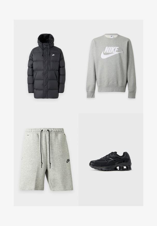 Zwarte pufferjack met capuchon, uitgerust met een ritssluiting aan de voorkant, elastische manchetten, zijzakken en een klein logo op de borst. Getextureerd, gewatteerd ontwerp.; Lichtgrijze Nike sweat met lange mouwen, wit Nike-logo en swoosh op de voorkant, ronde hals en geribbelde boorden en zoom.; Lichtgrijze Nike short met zwarte trekkoorden, elastische taille, zijzakken en een klein zwart Nike-logo op het linkerbeen.; Zwarte sportieve schoen met een bovenwerk van mesh, een gevoerde kraag en opvallende dempingstechnologie bij de hiel. Heeft gestructureerde accenten en veters.