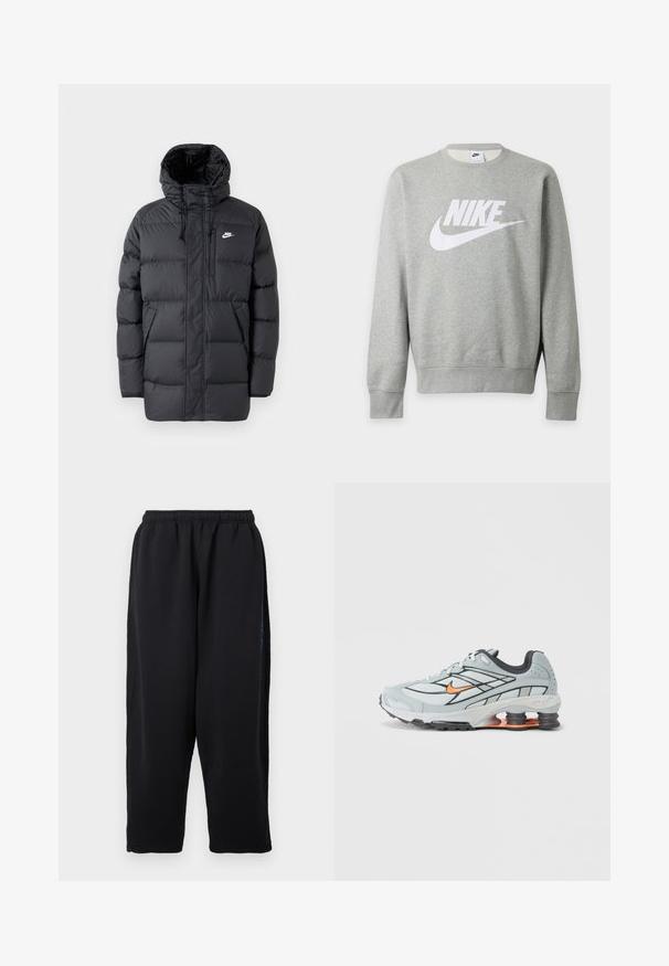 Zwarte pufferjack met capuchon, uitgerust met een ritssluiting aan de voorkant, elastische manchetten, zijzakken en een klein logo op de borst. Getextureerd, gewatteerd ontwerp.; Lichtgrijze Nike sweat met lange mouwen, wit Nike-logo en swoosh op de voorkant, ronde hals en geribbelde boorden en zoom.; Zwarte joggingbroek gemaakt van zachte stof, met een elastische tailleband, wijde pijpen en zijzakken met subtiele blauwe accenten.; Lichtgrijze hardloopschoen met zwarte accenten, oranje logo, bovenwerk van mesh, gevoerde kraag en rubberen zool met zichtbare schokabsorberende elementen.