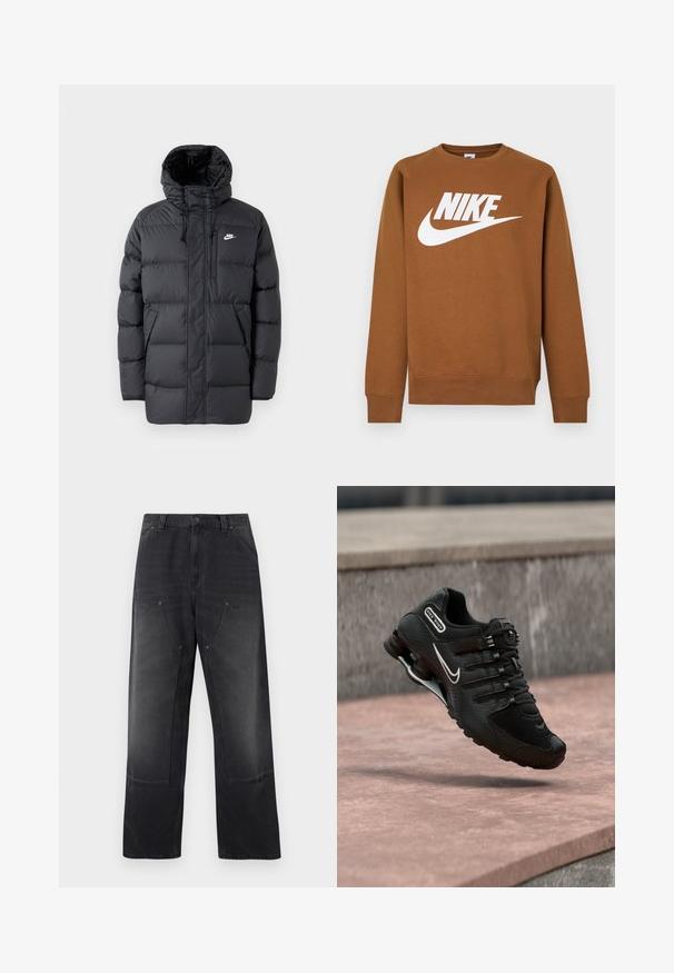 Mustard värvi puhvjakkk, millel on kapuuts, ees tõmblukk, elastsed mansetid, küljetaskud ja väike logo rinnal. Tekstuuriga, tikitud disain.; Pruun crewneck dressipluus pikade varrukatega, millel on suur valge Nike'i logo ja swoosh rinnal tavalise tausta ees.; Mustad laiade jalgadega teksad esiosas paigaldatud taskute, vööaasade ning nööbi ja tõmblukuga sulgemisega.; Must Nike Shox jooksujalats valge Swooshi logoga, õhus roosakat tooni betoonpinna kohal, halli kiviseina taustal.