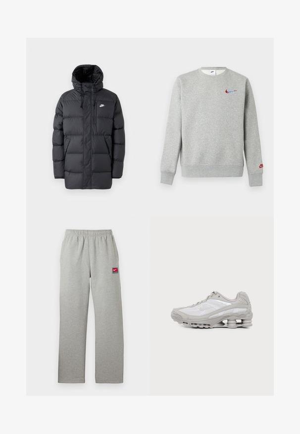 Sort pufferjakke med hætte, med lynlås foran, elastiske manchetter, sidelommer og et lille logo på brystet. Struktureret, quiltet design.; Lysegrå crewneck sweatshirt med små røde og blå Nike-logoer på brystet og venstre ærme, med ribbet manchetter og kant.; Grå joggingbukser med elastisk talje, lige snit og et lille rødt og hvidt Nike-logo på venstre side. Blød tekstur.; Grå og hvid atletiksko med synlig luftpolstret sål og mesh-paneler, vist i profil på en ensartet lys baggrund.