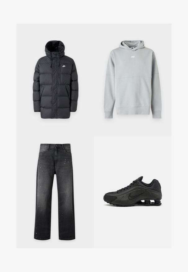 Mustard värvi puhvjakkk, millel on kapuuts, ees tõmblukk, elastsed mansetid, küljetaskud ja väike logo rinnal. Tekstuuriga, tikitud disain.; Helehall Nike dressipluus eest logoga, pikkade varrukate ja kapuutsiga, esitatud ühevärvilise valge taustaga.; Mustad sirge säärega teksad, millel on nööp- ja luku kinnitused, esimesed taskud ning valgete värvikilludega detailid.; Mustad mustat jooksujalad, millel on sile sünteetiline ülemus, perforatsioonid, tekstureeritud külgpaneelid ja eristuv elastne tall.
