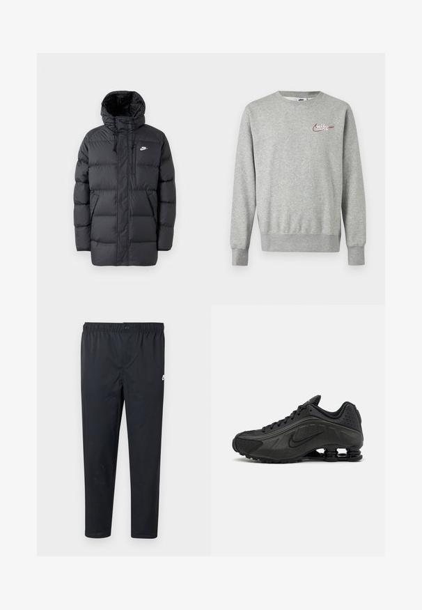 Schwarze Pufferjacke mit Kapuze, mit Reißverschluss vorne, elastischen Bündchen, Seitentaschen und einem kleinen Logo auf der Brust. Strukturierte, gesteppte Optik.; Hellgraues Sweatshirt mit Rundhalsausschnitt, langen Ärmeln und kleinem roten und weißen Nike-Logo auf der linken Brust.; Schwarze Sporthose mit elastischem Bund und Knopfverschluss, mit einem kleinen weißen Nike-Logo am oberen linken Oberschenkel.; Schwarze Laufschuhe mit einem glatten synthetischen Obermaterial, durchbrochenen Akzenten, strukturierten Seitenpaneelen und einer ausgeprägten federnden Sohle.