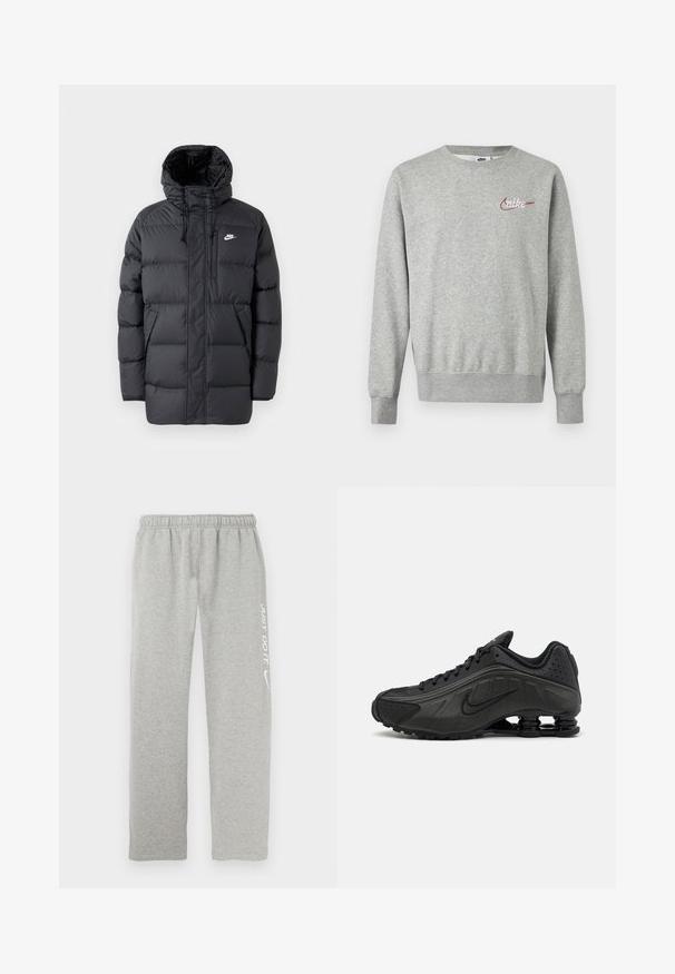 Sort pufferjakke med hætte, med lynlås foran, elastiske manchetter, sidelommer og et lille logo på brystet. Struktureret, quiltet design.; Lysegrå crewneck-sweatshirt med lange ærmer og lille rød og hvid Nike-logo på venstre bryst.; Grå joggingbukser lavet af blødt materiale med elastisk taljebånd. Har en hvid "JUST DO IT" tekst og Nike swoosh-logo på det ene ben.; Sorte løbesko med en glat syntetisk overdel, perforerede detaljer, teksturerede sidedele og en distinkt fjedrende sål.