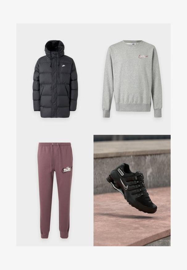 Schwarze Pufferjacke mit Kapuze, mit Reißverschluss vorne, elastischen Bündchen, Seitentaschen und einem kleinen Logo auf der Brust. Strukturierte, gesteppte Optik.; Hellgraues Sweatshirt mit Rundhalsausschnitt, langen Ärmeln und kleinem roten und weißen Nike-Logo auf der linken Brust.; Mauvefarbene Nike-Sweatpants mit elastischem Bund, Kordelzug, Bündchen an den Knöcheln und weißem Nike-Logo mit schwarzem Swoosh auf dem linken Oberschenkel.; Schwarzer Nike Shox Laufschuh mit weißem Swoosh-Logo, in der Luft über einer rosafarbenen Betonfläche vor einem grauen Steinmauer-Hintergrund.