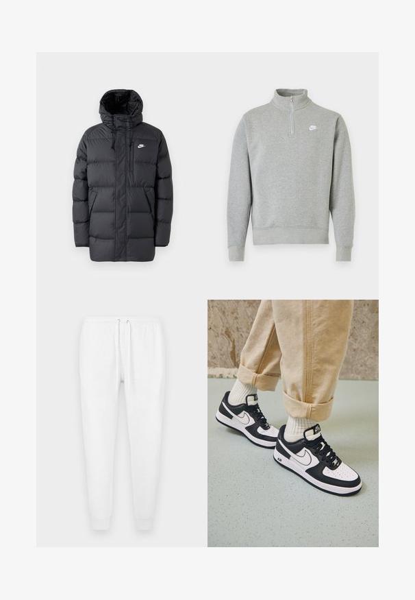 Schwarze Pufferjacke mit Kapuze, mit Reißverschluss vorne, elastischen Bündchen, Seitentaschen und einem kleinen Logo auf der Brust. Strukturierte, gesteppte Optik.; Grauer Sweatshirt mit halbseitigem Reißverschluss-Kragen, langen Ärmeln, gerippten Bündchen und Saum. Mit einem kleinen weißen Nike-Logo auf der Brust.; Weiße Jogginghose aus weichem Stoff mit elastischem Bund und Kordelzug sowie enganliegenden Bündchen an den Knöcheln. Keine sichtbaren Muster.; Schwarz-weiße Nike Air Force 1 Sneaker mit einem Obermaterial aus Leder, perforierter Zehenpartie und strukturiertem Sohlendesign, getragen mit aufgerollten beigen Hosen und weißen Socken.