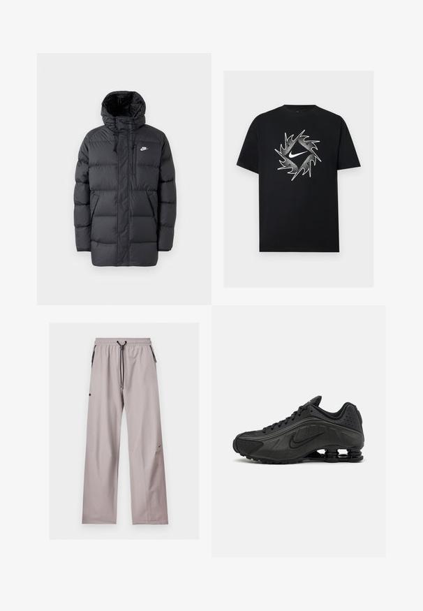 Sort pufferjakke med hætte, med lynlås foran, elastiske manchetter, sidelommer og et lille logo på brystet. Struktureret, quiltet design.; Sort T-shirt med korte ærmer med en hvid Nike-swoosh i midten, omgivet af et dynamisk spidset cirkeldesign.; Lysegrå løstsiddende bukser med elastisk talje, sort justerbar snor og sidelommer med sorte lynlåse.; Sorte løbesko med en glat syntetisk overdel, perforerede detaljer, teksturerede sidedele og en distinkt fjedrende sål.