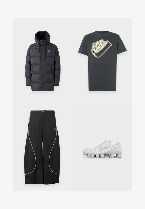 Sort pufferjakke med hætte, med lynlås foran, elastiske manchetter, sidelommer og et lille logo på brystet. Struktureret, quiltet design.; Mørkegrå T-shirt lavet af bomuld med rund halsudskæring. Har en stor, stiliseret "Nike"-logo i en lysere farve på forsiden.; Sorte Nike bukser med brede ben, med neon-grøn buet piping og lille Nike swoosh-logo på højre lår, knap- og lynlåslukning i taljen.; Hvid Nike løbesko med synlig luftstøbt sål og sølv swoosh-logo på siden, vist fra ydersiden.