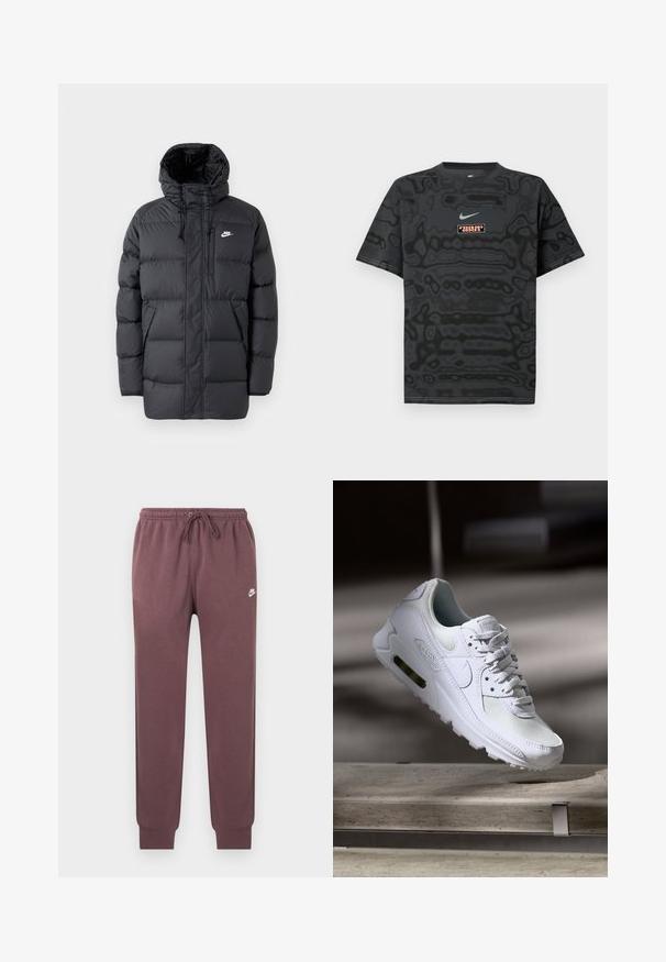Sort pufferjakke med hætte, med lynlås foran, elastiske manchetter, sidelommer og et lille logo på brystet. Struktureret, quiltet design.; Sort T-shirt med et tekstureret mønster, der har en lille Nike-logo i lyseblå og en rektangulær logo-patch i kontrastfarver.; Brune Nike joggingbukser med elastisk taljebånd og snor, ribbet manchetter og hvid Nike Swoosh-logo på venstre øvre lår.; Hvide Nike Air Max 90 sneakers med en overdel i mesh og læder, perforeret tåboks og en synlig luftenhed i hælen.