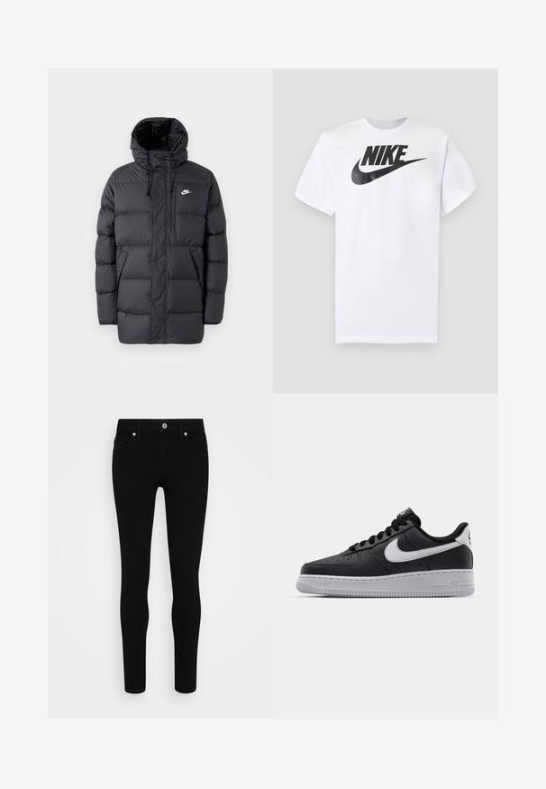 Schwarze Pufferjacke mit Kapuze, mit Reißverschluss vorne, elastischen Bündchen, Seitentaschen und einem kleinen Logo auf der Brust. Strukturierte, gesteppte Optik.; Weißes kurzärmeliges T-Shirt mit schwarzem Nike-Logo und Swoosh, zentriert auf der Brust, vor einfarbigem grauem Hintergrund.; Schwarze Skinny-Jeans mit glatter Textur, Fünf-Taschen-Design, vorderer Knopfverschluss und schlankem Schnitt. Minimalistischer Stil ohne sichtbare Muster.; Schwarze Ledersneaker mit strukturierten Oberflächen, weißem Nike-Swoosh, grauer Sohle, runder Zehenpartie und Schnürdesign. Verfügt über Perforationen an der Zehenbox.