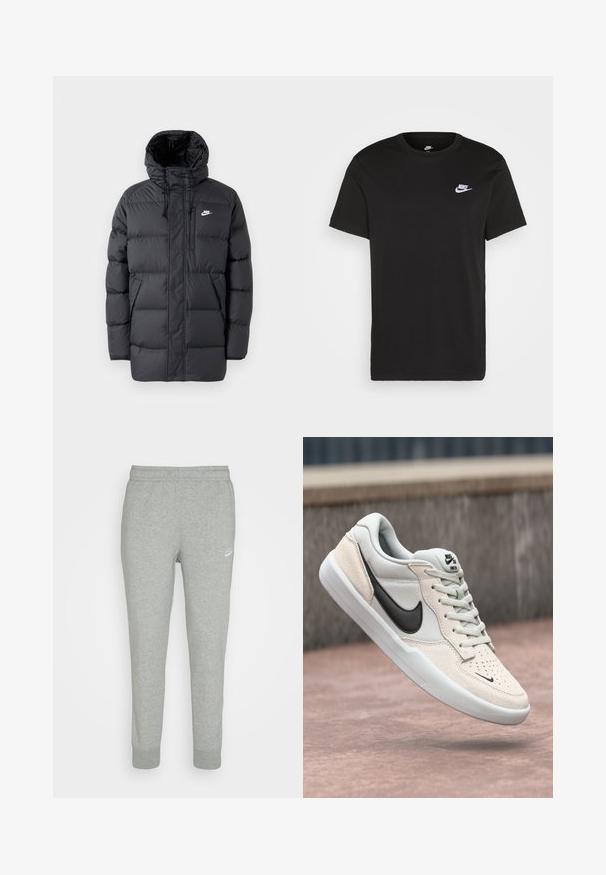Schwarze Pufferjacke mit Kapuze, mit Reißverschluss vorne, elastischen Bündchen, Seitentaschen und einem kleinen Logo auf der Brust. Strukturierte, gesteppte Optik.; Schwarzes Baumwoll-T-Shirt mit kurzen Ärmeln, Rundhals und kleinem weißem Nike-Logo auf der oberen linken Brust. Glatte Textur. Klassische Passform.; Graue Sweatpants aus weichem Stoff, mit schmal zulaufendem Bein, elastischem Bund und kleinem weißen Nike-Logo am linken Oberschenkel.; Nike SB Sneaker in Hellgrau und Creme, mit Obermaterial aus Wildleder, schwarzem Swoosh, strukturierten Details und weißer Gummisohle.