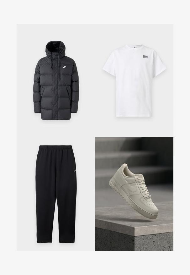 Schwarze Pufferjacke mit Kapuze, mit Reißverschluss vorne, elastischen Bündchen, Seitentaschen und einem kleinen Logo auf der Brust. Strukturierte, gesteppte Optik.; Weißes T-Shirt mit kurzen Ärmeln und Rundhalsausschnitt, mit kleinem schwarzem Nike Swoosh-Logo in einem Rechteck auf der linken Brust.; Schwarze Jogginghose mit elastischem Bund, versehen mit einem kleinen weißen Logo auf der linken Seite. Hergestellt aus weichem, leichtem Stoff. Gerade geschnittener Beinverlauf.; Ein einzelner beigefarbener Sneaker mit Schnürsenkeln schwebt über einer grauen Betonfläche, Nike-Swoosh sichtbar, Treppenhintergrund unscharf.
