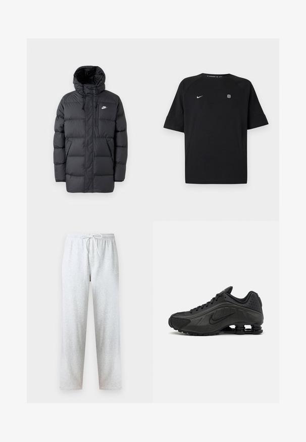 Chaqueta de plumas negra con capucha, que cuenta con un cierre de cremallera frontal, puños elásticos, bolsillos laterales y un pequeño logo en el pecho. Diseño texturizado y acolchado.; Camiseta deportiva negra de manga corta Nike con logo swoosh blanco en el pecho izquierdo y pequeño emblema cuadrado en el pecho derecho, fondo liso.; Pantalones deportivos grises hechos de tela suave, con una cintura elástica con cordón y piernas rectas. No se observan patrones ni detalles.; Zapatillas de running negras con un upper sintético liso, detalles perforados, paneles laterales texturizados y una suela distintiva y elástica.