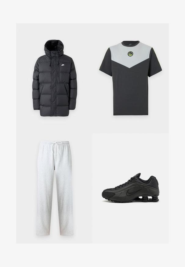 Mustard värvi puhvjakkk, millel on kapuuts, ees tõmblukk, elastsed mansetid, küljetaskud ja väike logo rinnal. Tekstuuriga, tikitud disain.; Lühikeste varrukatega Nike T-särk tumeda ja helehalli tooniga, kellel on siksakmuster, roheline ümmargune logo ning õlgadel kontrastsed neoonvärvid.; Hallid dressipüksid, mis on valmistatud pehmest kangast, millel on elastne vöökoht paelaga ja sirged sääred. Muster või aktsendid puuduvad.; Mustad mustat jooksujalad, millel on sile sünteetiline ülemus, perforatsioonid, tekstureeritud külgpaneelid ja eristuv elastne tall.