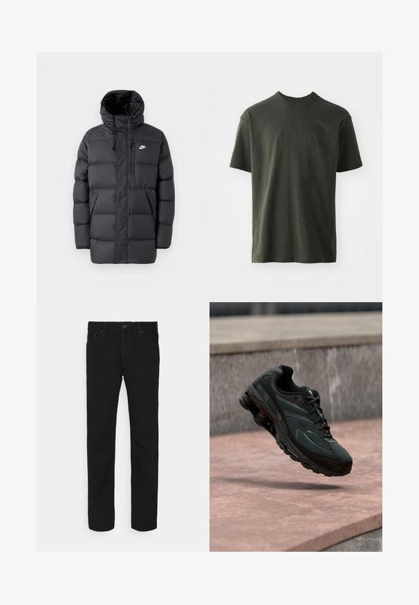 Schwarze Pufferjacke mit Kapuze, mit Reißverschluss vorne, elastischen Bündchen, Seitentaschen und einem kleinen Logo auf der Brust. Strukturierte, gesteppte Optik.; Dunkelgrünes T-Shirt aus weichem Stoff, mit Rundhalsausschnitt und kurzen Ärmeln. Gesticktes "nike"-Logo in einem etwas dunkleren Grün.; Schwarze gerade geschnittene Jeans mit Knopf und Reißverschluss vorne, Fünf-Taschen-Design, auf einem weißen Hintergrund präsentiert.; Schwarzer athletischer Sneaker mit sichtbarer Air-Cushioning-Zwischensohle, der über einer rosa Steinoberfläche mit grauer Steinmauer im Hintergrund schwebt.