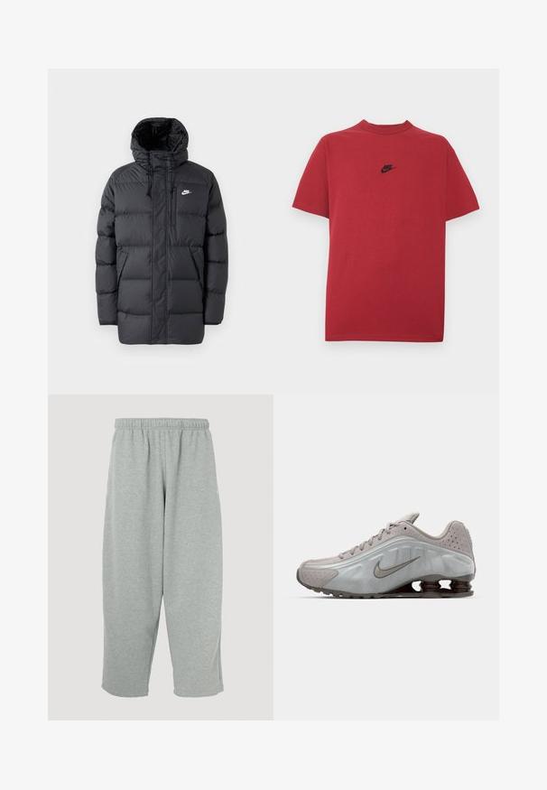 Mustard värvi puhvjakkk, millel on kapuuts, ees tõmblukk, elastsed mansetid, küljetaskud ja väike logo rinnal. Tekstuuriga, tikitud disain.; Punane puuvillane T-särk, millel on must Nike'i logo rinnal, lühikesed varrukad, ümar kaelus ja tavapärane lõige. Sile tekstuur.; Heleroosad dressipüksid, millel on elastne vöökoht, kitseneva lõikega sääred ja pehme tekstuur. Puuduvad nähtavad brändimärgid või mustrid.; Nike jooksujalats helesinises värvitoonis, sujuva tekstuuri, kaarjate joontega ning tumeda pruuniga nähtavate pehmendavate vedrudega kandade juures.