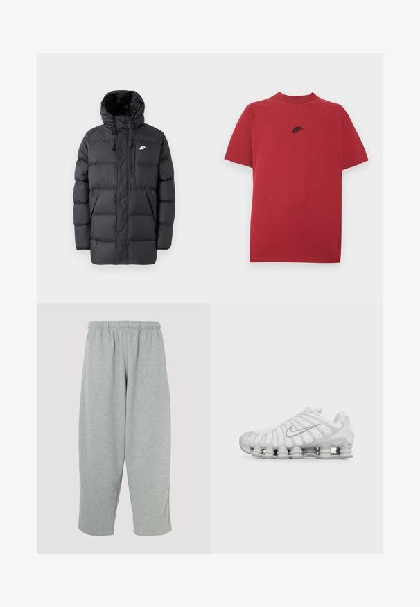 Schwarze Pufferjacke mit Kapuze, mit Reißverschluss vorne, elastischen Bündchen, Seitentaschen und einem kleinen Logo auf der Brust. Strukturierte, gesteppte Optik.; Rotes Baumwoll-T-Shirt mit schwarzem Nike-Logo auf der Brust, kurzen Ärmeln, rundem Ausschnitt und normaler Passform. Glatte Textur.; Hellgraue Jogginghose mit elastischem Bund, schmal zulaufendem Bein und weicher Textur. Keine sichtbaren Markenlogos oder Muster.; Weißer Nike Laufschuh mit sichtbarer luftgepolsterter Sohle und silbernem Swoosh-Logo an der Seite, von der Außenseite gezeigt.
