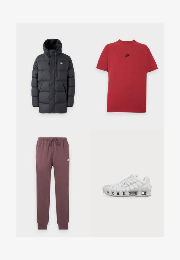 Sort pufferjakke med hætte, med lynlås foran, elastiske manchetter, sidelommer og et lille logo på brystet. Struktureret, quiltet design.; Rød bomuld t-shirt med et sort Nike-logo på brystet, korte ærmer, rund halsudskæring og almindelig pasform. Glat tekstur.; Brune Nike joggingbukser med elastisk taljebånd og snor, ribbet manchetter og hvid Nike Swoosh-logo på venstre øvre lår.; Hvid Nike løbesko med synlig luftstøbt sål og sølv swoosh-logo på siden, vist fra ydersiden.