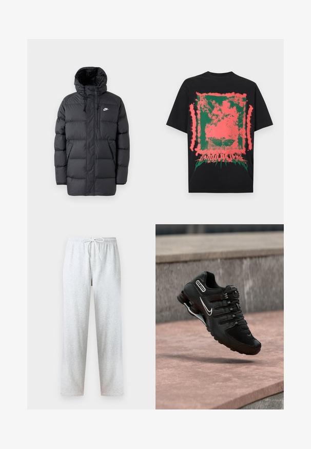 Sort pufferjakke med hætte, med lynlås foran, elastiske manchetter, sidelommer og et lille logo på brystet. Struktureret, quiltet design.; Sort T-shirt med abstrakt grønt og pink sprøjtet firkantdesign og forvrænget tekst nederst i midten.; Grå joggingbukser lavet af blødt stof med elastisk talje og snøre samt lige ben. Ingen mønstre eller detaljer synlige.; Sort Nike Shox løbesko med hvid swoosh-logo, midt i luften over en rosa betonoverflade mod en grå stenmur som baggrund.