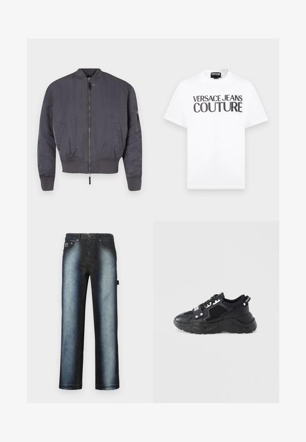 Chaqueta bomber gris con cremallera en el frente, puños y dobladillo acanalados. Cuenta con un bolsillo lateral en ángulo con cremallera en la manga. Textura suave.; Camiseta blanca de manga corta con texto negro "VERSACE JEANS COUTURE" en el pecho y una pequeña etiqueta de la marca en el interior del cuello.; Vaqueros azul oscuro con un diseño degradado, que pasa de un negro profundo a un azul más claro, con un estilo estándar de cinco bolsillos y una textura de lavado claro.; Zapatilla negra con suela gruesa, con paneles de malla y detalles de cuero. Incluye cordones blancos y marca en el lateral.
