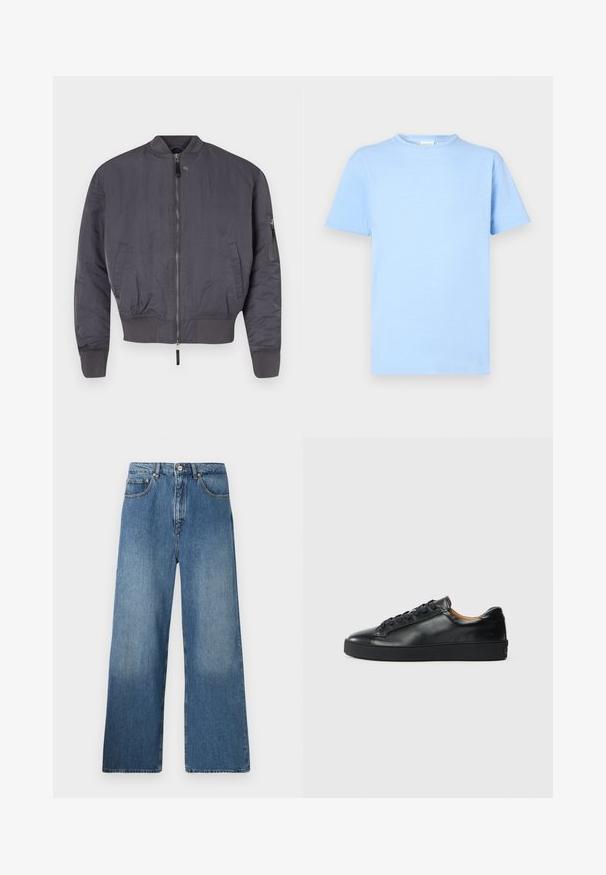 Chaqueta bomber gris con cremallera en el frente, puños y dobladillo acanalados. Cuenta con un bolsillo lateral en ángulo con cremallera en la manga. Textura suave.; Camiseta de manga corta azul claro hecha de tela suave. Diseño de cuello redondo, dobladillo recto y textura mínima. Sin patrones ni adornos.; Jeans de denim azul de pernera ancha con un diseño clásico de cinco bolsillos, cierre frontal con botón y un ligero desgastado para dar textura.; Zapatilla negra de cuero con una textura suave, puntera redonda y cierre de cordones. Presenta una suela de goma gruesa y un detalle de marca mínimo.