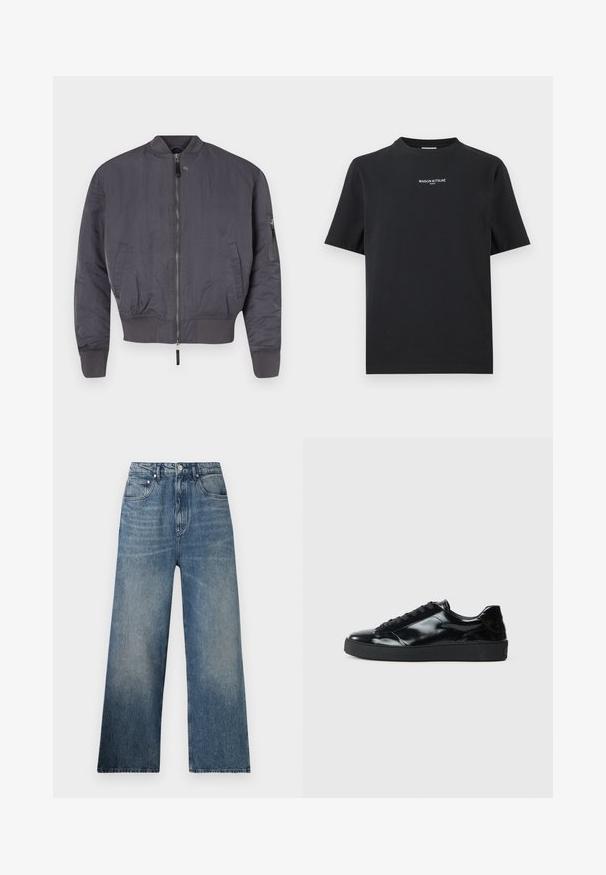 Grijze bomberjack met een rits aan de voorkant, ribbel manchetten en zoom. Beschikt over een schuine zijzak met rits op de mouw. Gladde textuur.; Zwart T-shirt met korte mouwen met "MAISON KITSUNÉ PARIS" in kleine witte letters, gecentreerd op de borst.; Blauwe denim wijdgerande jeans met een hoge taille, voorzien van subtiele vervaging, vijf zakken en een metalen knoopsluiting aan de voorkant.; Zwarte gepatenteerde leren sneakers met een ronde neus, vetersluiting, een gestructureerde rubberen zool en een glanzende afwerking.