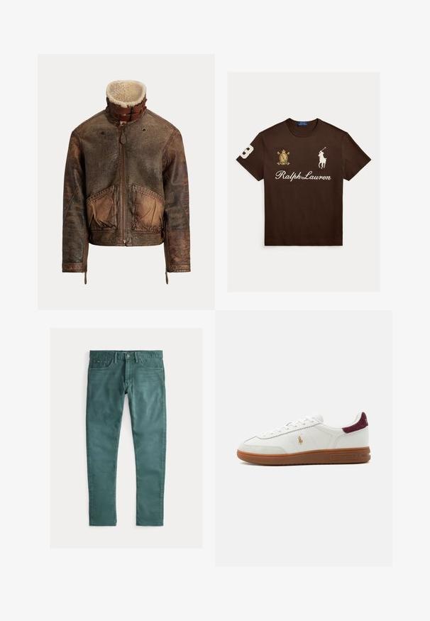 Braune, abgenutzte Lederjacke mit Frontreißverschluss, großen Taschen, Lammfellkragen und doppeltem Schnallenverschluss am Kragen.; Braunes Ralph Lauren T-Shirt mit weißem Polo-Spieler-Logo, Schriftzug „Ralph Lauren“, einem Wappenemblem auf der linken Brust und der Nummer 3 am rechten Ärmel.; Grüne Jeans aus Baumwolle mit schmaler Passform. Verfügt über zwei frontale Taschen, einen Reißverschluss und Kontrastnähte. Glatte Textur, einheitliche Farbe.; Weißer Sneaker mit niedriger Schaft und brauner Gummisohle, goldenes Polo-Spieler-Logo an der Seite, weiße Schnürsenkel und bordeauxfarbene Wildleder-Fersenlasche, Marke Ralph Lauren.