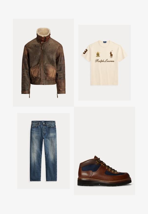 Braune, abgenutzte Lederjacke mit Frontreißverschluss, großen Taschen, Lammfellkragen und doppeltem Schnallenverschluss am Kragen.; Cremefarbenes Ralph Lauren T-Shirt mit braunem Polo-Spieler-Logo, Nummer 3 am rechten Ärmel und Wappenemblem auf der linken Brust.; Locker geschnittene Jeans aus blauem Denim mit verwaschenem Finish, sichtbaren Gebrauchsspuren, gerader Silhouette und traditionellem Knopfverschluss.; Brauner Leder-Wanderschuh mit dunkelblauen Stoffeinsätzen, Metallösen, schwarzen Schnürsenkeln und einer dicken schwarzen Gummisohle, seitlich dargestellt.