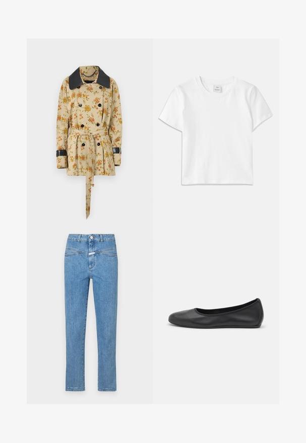Rabanne Overgangsjakke - sand/pink green/yellow; Hvid bomulds-t-shirt med rund hals, korte ærmer og lige kant. Mærke med teksten "Won Hundred" placeret i midten af halsudskæringen.; Lysblå denimjeans med lige ben, fem lommer og knaplukning. Har en let falmet overflade og minimal syning.; Sort læderballetsko med rund tå, glat tekstur, minimal syning og et fleksibelt såldesign.