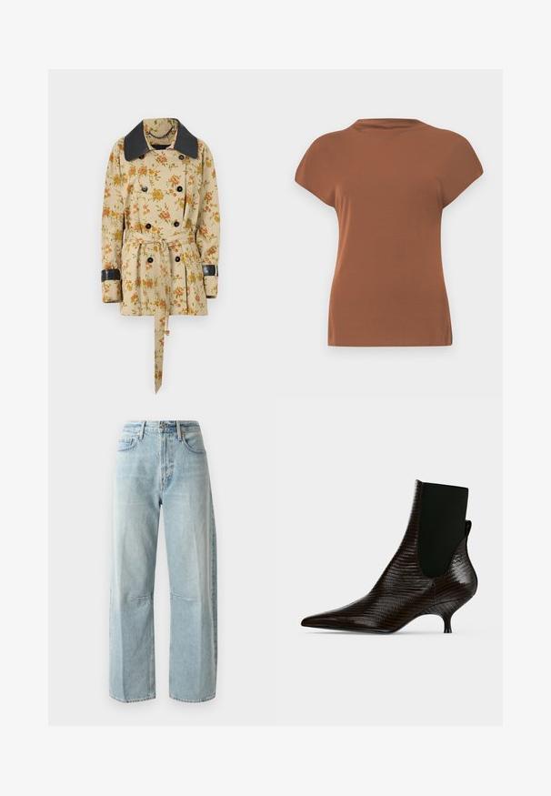 Rabanne Overgangsjakke - sand/pink green/yellow; Brun t-shirt med korte ærmer lavet af blødt stof, med rund halsudskæring og en afslappet pasform, med en glat overflade og ingen synlige mønstre.; Lyseblå vide jeans lavet af denim. Har en høj talje, to forlommer og en lige benlængde med let fading i stoffet.; Mørkebrun spids ankelstøvle med tekstureret mønster, lav buet hæl og sort elastisk sidepanel, vist på hvid baggrund.