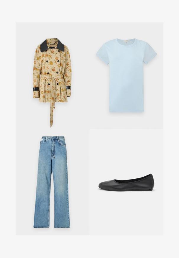 Rabanne Kerge jope - sand/pink green/yellow; rag & bone Lihtne T-särk - raindrop; Heledad sinine teksapüksid, laia jalaga, keskelt kõrgema taljega, viie tasku ja nööbiga suletud, metallosadega ning kulunud välimusega.; Musthave mustika tantsutossud mustast nahast, ümmarguse varbaga, siledast tekstuurist, minimaalse õmblusdetailiga ja paindliku tallakujundusega.