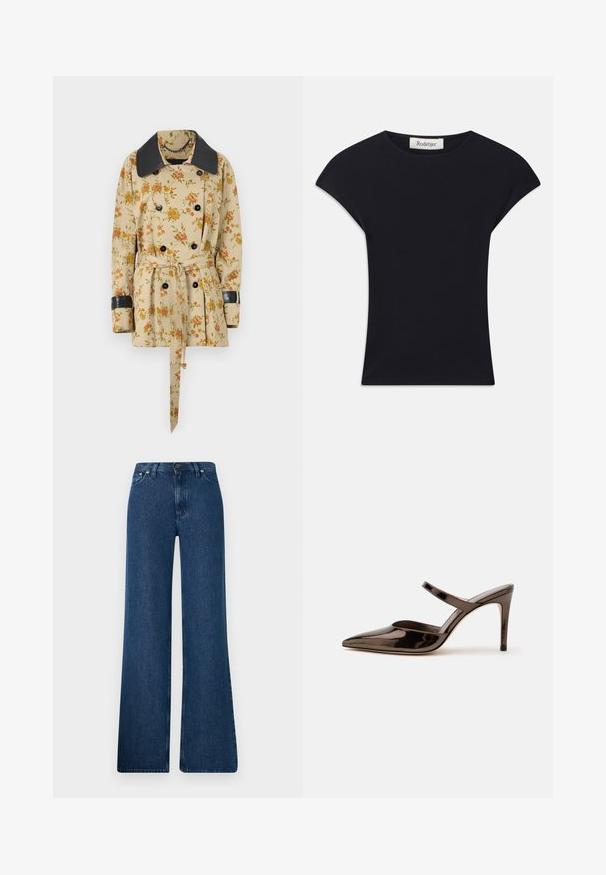 Rabanne Overgangsjakke - sand/pink green/yellow; Sort kortærmet top lavet af blødt stof, med rund halsudskæring og en tætsiddende form med diskrete skulderdetaljer. Mærke synligt.; Blå denim flared jeans med høj talje, fem-lomme design og metalknaplukning. Glat tekstur, afslappet stil og minimal syning.; Skinnende mørkebrune mule med spids tå og høje hæle med en tynd rem over foden på en ensfarvet hvid baggrund.