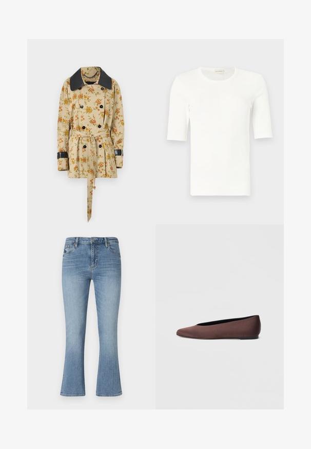 Rabanne Overgangsjakke - sand/pink green/yellow; Hvid kortærmet ribstrikket T-shirt med rund halsudskæring, vist mod en lys grå baggrund.; Lysblå flared jeans lavet af denim. Har talje med medium højde, fem lommer og bæltestropper. Fade detaljer og syninger synlige.; Brune balletflade sko i stof med spids tå og glat tekstur, med lav hælkappe og tynd sort sål. Ingen synlige mønstre eller beslag.